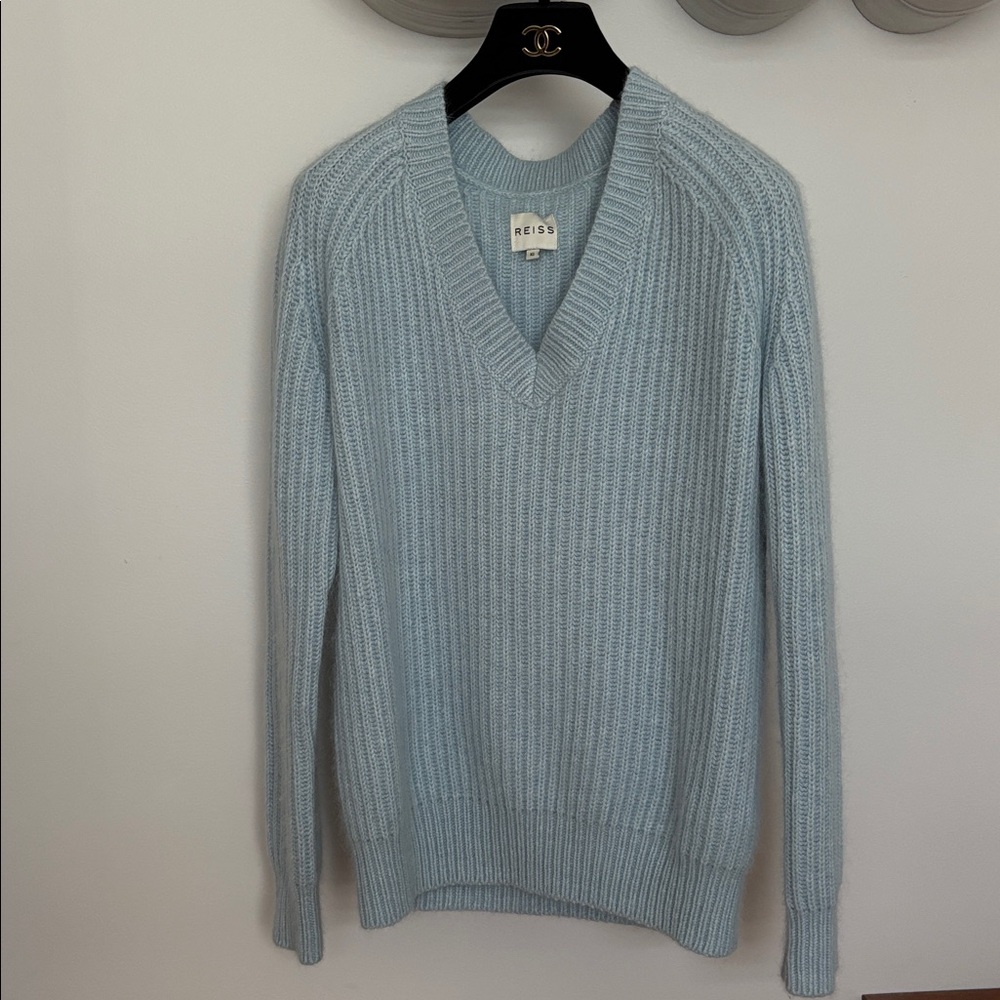 REISS Oversized Chunky Willaston Angora Blend Knit Ribbed V-Neck Sweater Sz XS